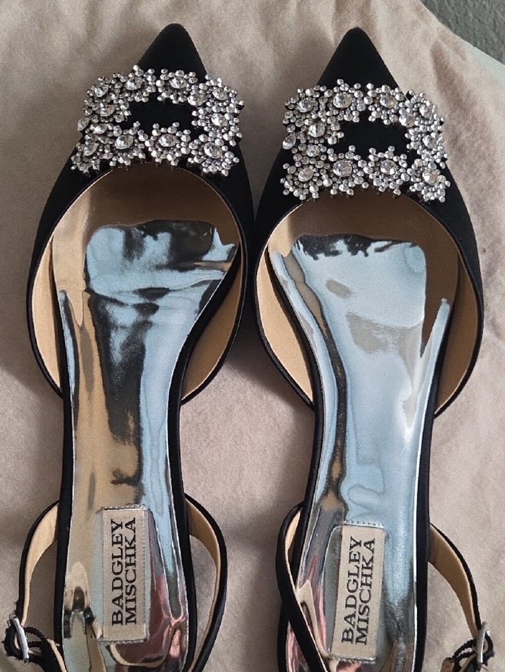 Badgley Mischka Black Satin Pointed Toe D'Orsay Flats with Crystal Buckle - Picture 2 of 3
